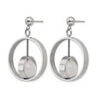 Pair of stainless steel dangle earrings featuring circular frames with suspended oval rose quartz stones in the center, shown against a white background.