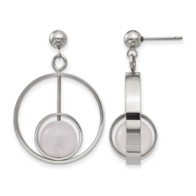 A pair of stainless steel dangle earrings featuring concentric circles with a smaller polished sphere suspended inside the larger ring, shown from front and side views.