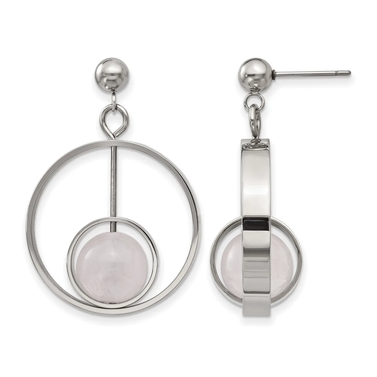 A pair of stainless steel dangle earrings featuring concentric circles with a smaller polished sphere suspended inside the larger ring, shown from front and side views.