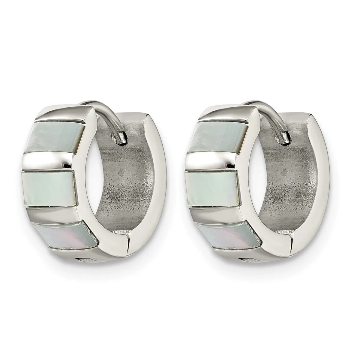 A pair of silver-toned hinged hoop earrings with mother-of-pearl inlay sections arranged in a geometric pattern, shown from the front and back.