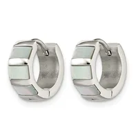 A pair of silver-toned hinged hoop earrings with mother-of-pearl inlay sections arranged in a geometric pattern, shown from the front and back.