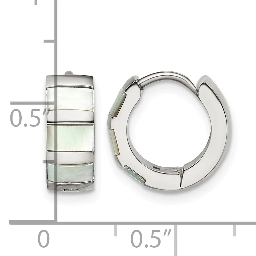 Pair of silver hoop earrings with a brushed finish and hinged closure, displayed next to a measurement scale showing approximately half an inch in diameter.