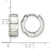 Pair of silver hoop earrings with a brushed finish and hinged closure, displayed next to a measurement scale showing approximately half an inch in diameter.