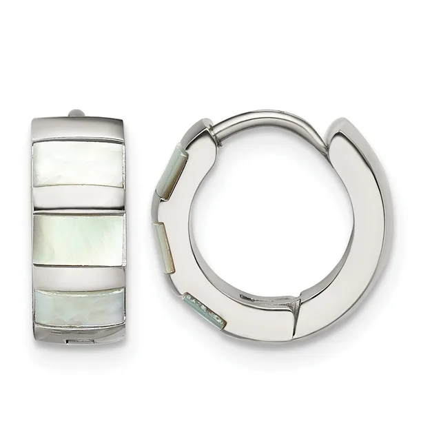 A pair of silver hoop earrings with mother-of-pearl inlay sections arranged horizontally, shown from front and side views.