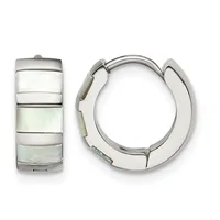 A pair of silver hoop earrings with mother-of-pearl inlay sections arranged horizontally, shown from front and side views.
