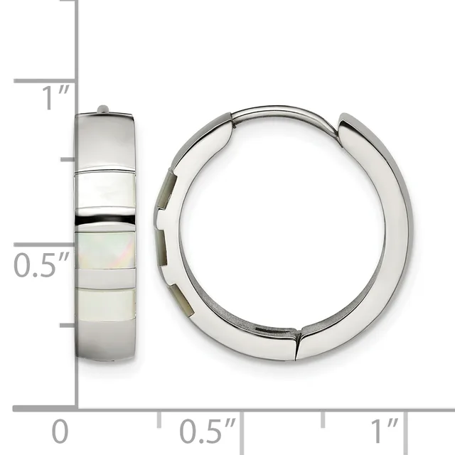 A pair of hinged silver hoop earrings with mother-of-pearl inlay shown next to a ruler measuring approximately one inch in diameter.