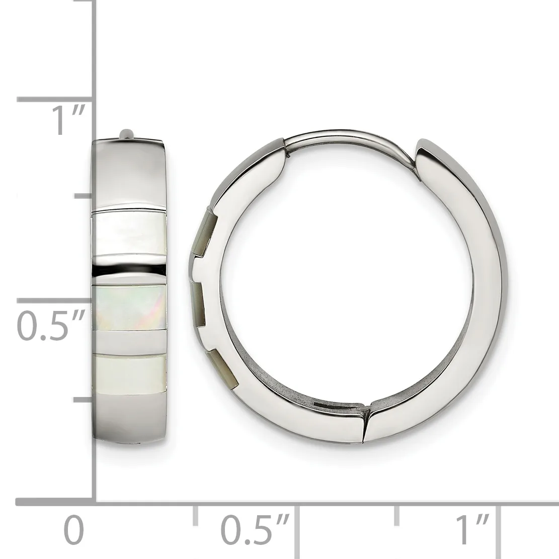 A pair of hinged silver hoop earrings with mother-of-pearl inlay shown next to a ruler measuring approximately one inch in diameter.