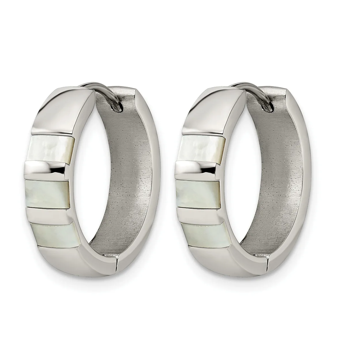 A pair of silver hoop earrings with mother-of-pearl inlay stripes, shown from the front against a white background.