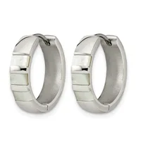 A pair of silver hoop earrings with mother-of-pearl inlay stripes, shown from the front against a white background.