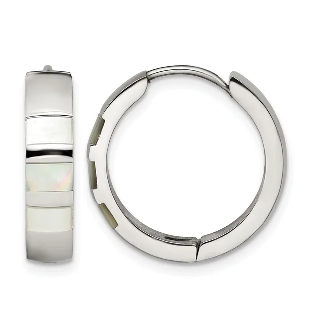 A pair of polished silver hoop earrings with inlaid mother-of-pearl stripe details, shown from front and side views.