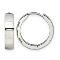 A pair of polished silver hoop earrings with inlaid mother-of-pearl stripe details, shown from front and side views.