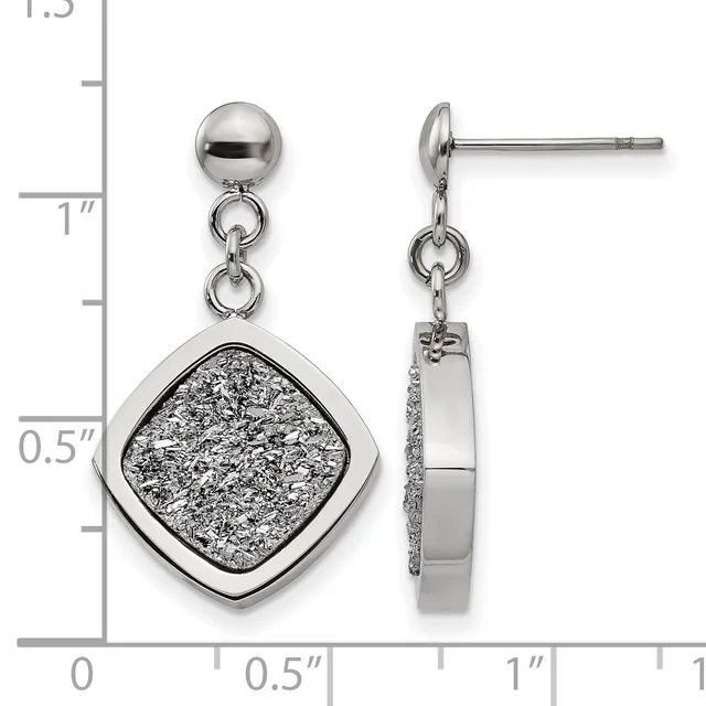 Pair of stainless steel drop earrings with polished ball posts and textured square pendants featuring a sparkly drusy-style finish, shown front and side view against a measurement ruler.