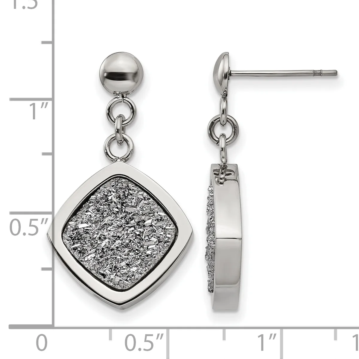 Pair of stainless steel drop earrings with polished ball posts and textured square pendants featuring a sparkly drusy-style finish, shown front and side view against a measurement ruler.