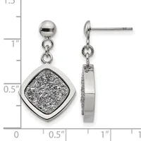 Pair of stainless steel drop earrings with polished ball posts and textured square pendants featuring a sparkly drusy-style finish, shown front and side view against a measurement ruler.