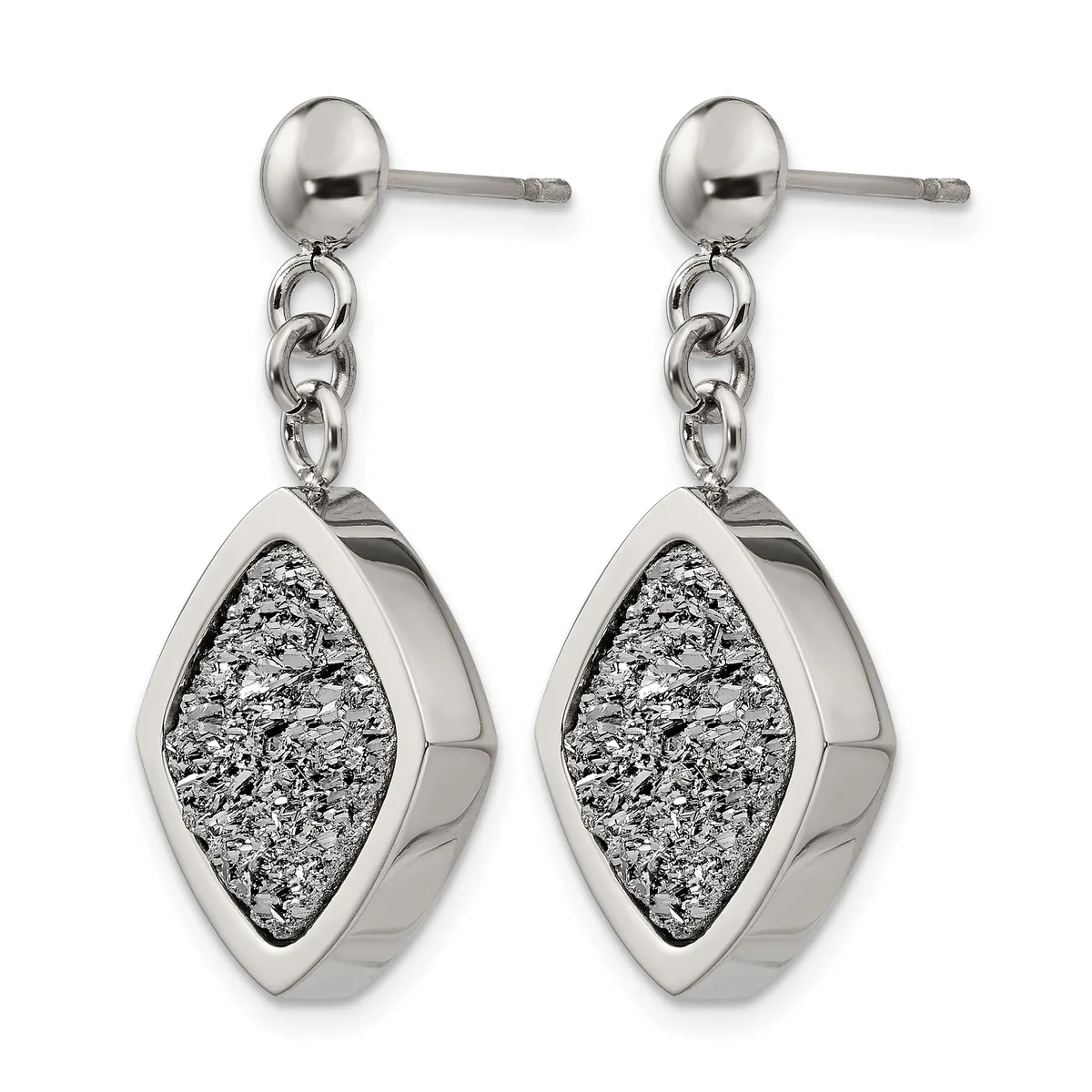 A pair of silver dangle earrings with ball studs connected by chain links to marquise-shaped pendants filled with textured silver granules.