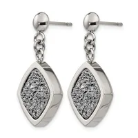 A pair of silver dangle earrings with ball studs connected by chain links to marquise-shaped pendants filled with textured silver granules.