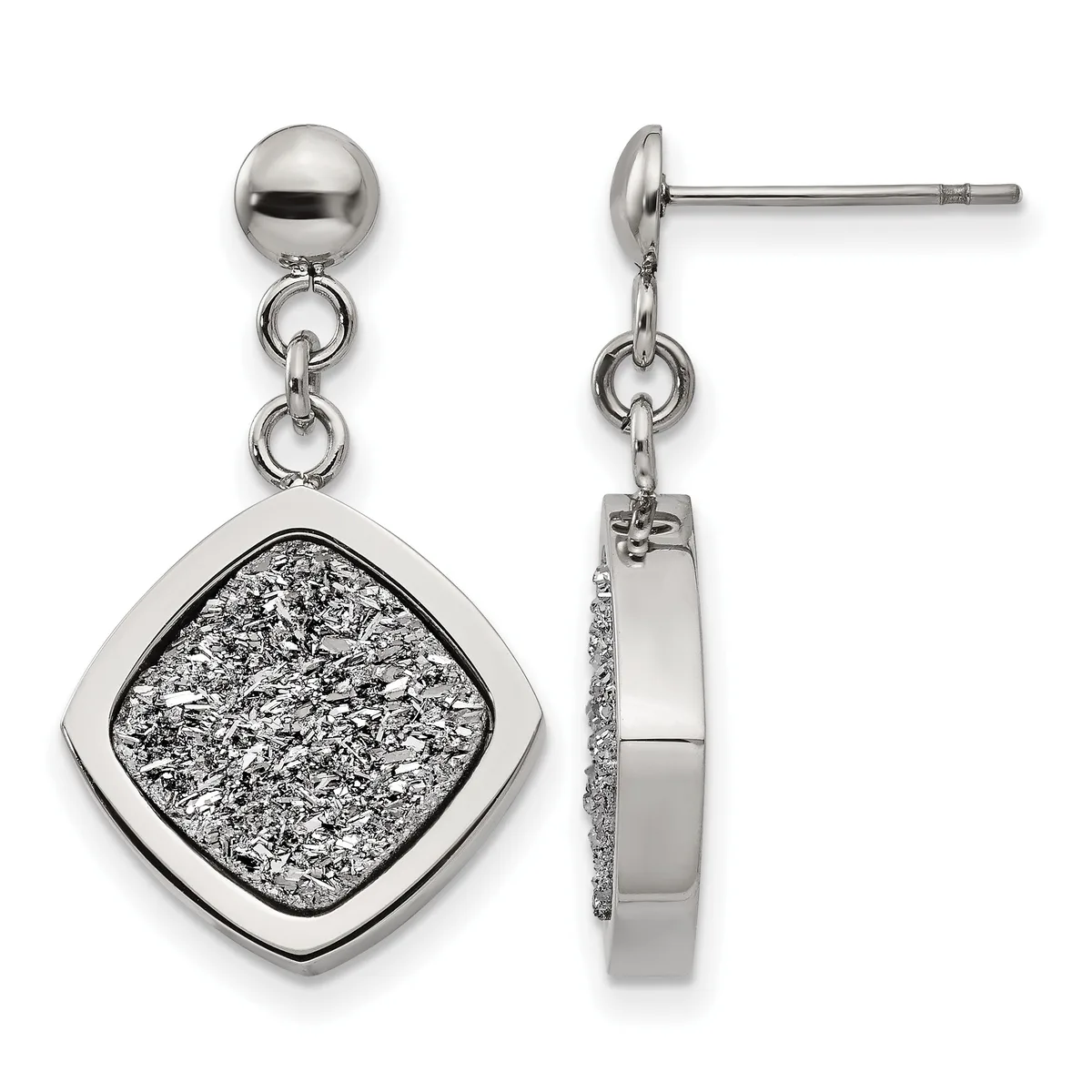 Pair of silver dangle earrings with polished ball studs, each featuring a cushion-shaped pendant with textured silver surface, shown from front and side views.