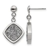 Pair of silver dangle earrings with polished ball studs, each featuring a cushion-shaped pendant with textured silver surface, shown from front and side views.