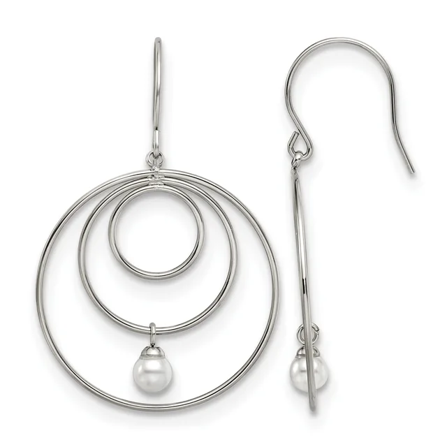 Pair of silver concentric circle drop earrings with small pearl charms, shown from front and side views.