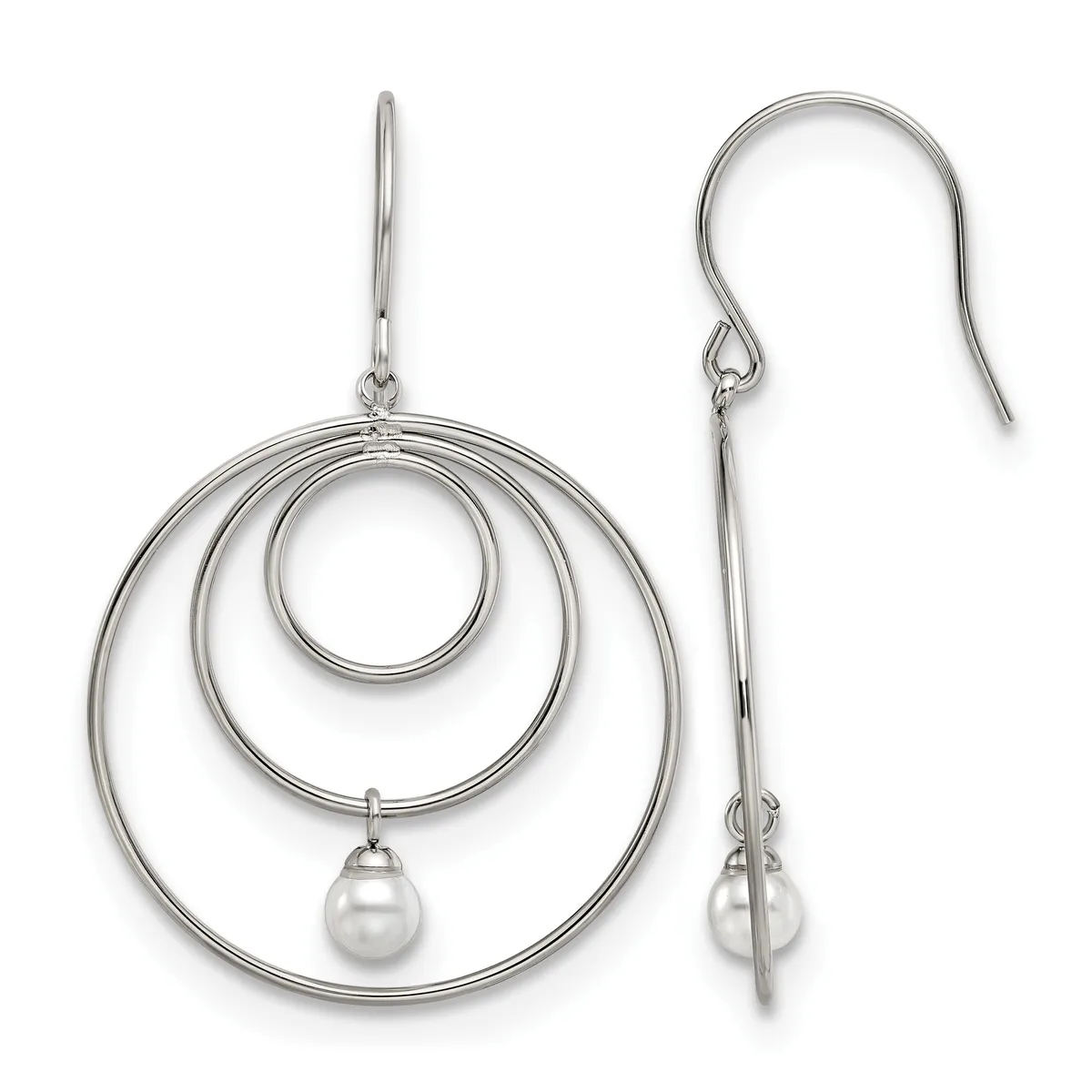 Pair of silver concentric circle drop earrings with small pearl charms, shown from front and side views.