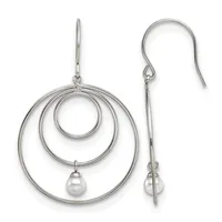 Pair of silver concentric circle drop earrings with small pearl charms, shown from front and side views.
