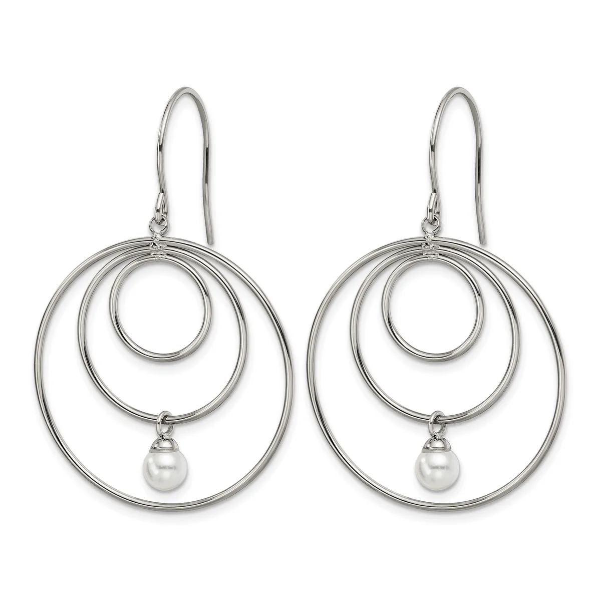 A pair of silver-toned drop earrings featuring three concentric circles with a small white pearl suspended from the innermost circle, hanging from curved ear wires.