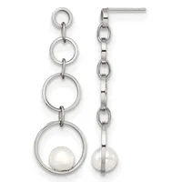 Pair of silver-tone dangle earrings with descending circular rings and pearl drops, shown from front and side views.