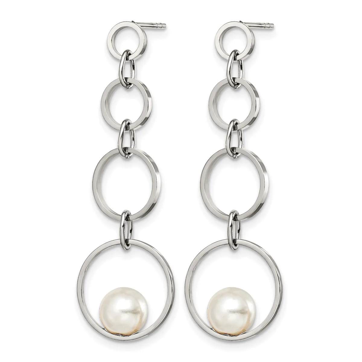 A pair of silver dangle earrings with four graduated circular rings linked together, each suspending a white pearl at the bottom.