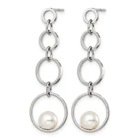 A pair of silver dangle earrings with four graduated circular rings linked together, each suspending a white pearl at the bottom.