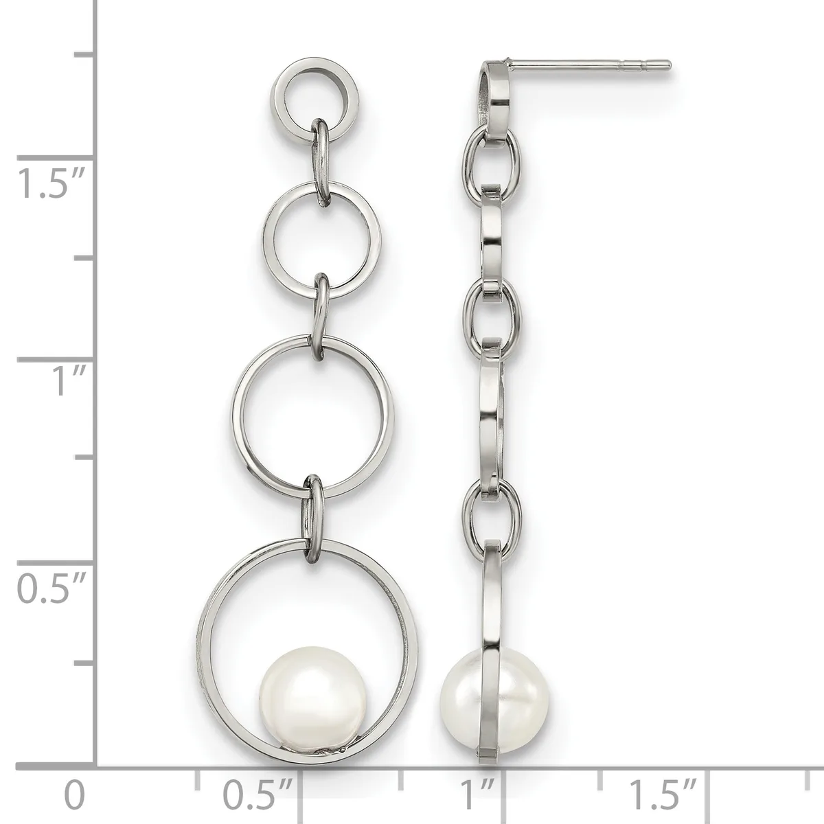 A pair of silver-toned dangle earrings with progressively larger rings linked together, each suspending a white pearl at the bottom, shown against a measurement scale.