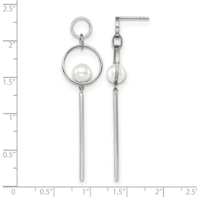 A pair of silver-toned dangle earrings with circular hoops, pearl accents, and elongated bar drops, displayed against a ruler showing measurements up to 2.5 inches.