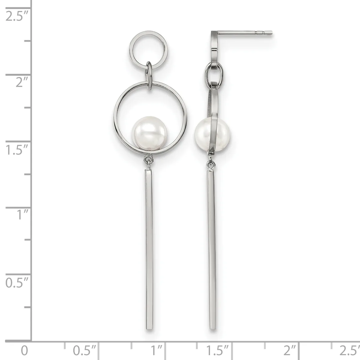A pair of silver-toned dangle earrings with circular hoops, pearl accents, and elongated bar drops, displayed against a ruler showing measurements up to 2.5 inches.