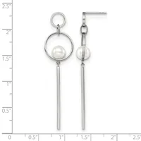 A pair of silver-toned dangle earrings with circular hoops, pearl accents, and elongated bar drops, displayed against a ruler showing measurements up to 2.5 inches.