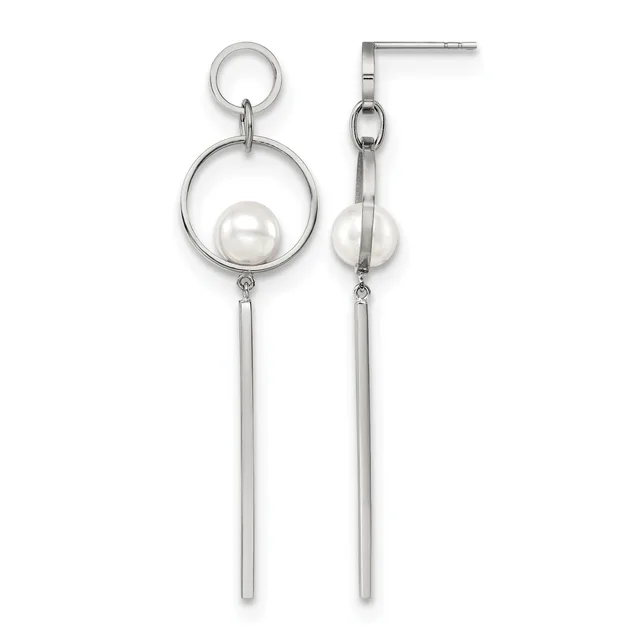 A pair of silver-tone dangle earrings with circular frames enclosing white pearl spheres and long rectangular bar drops below.