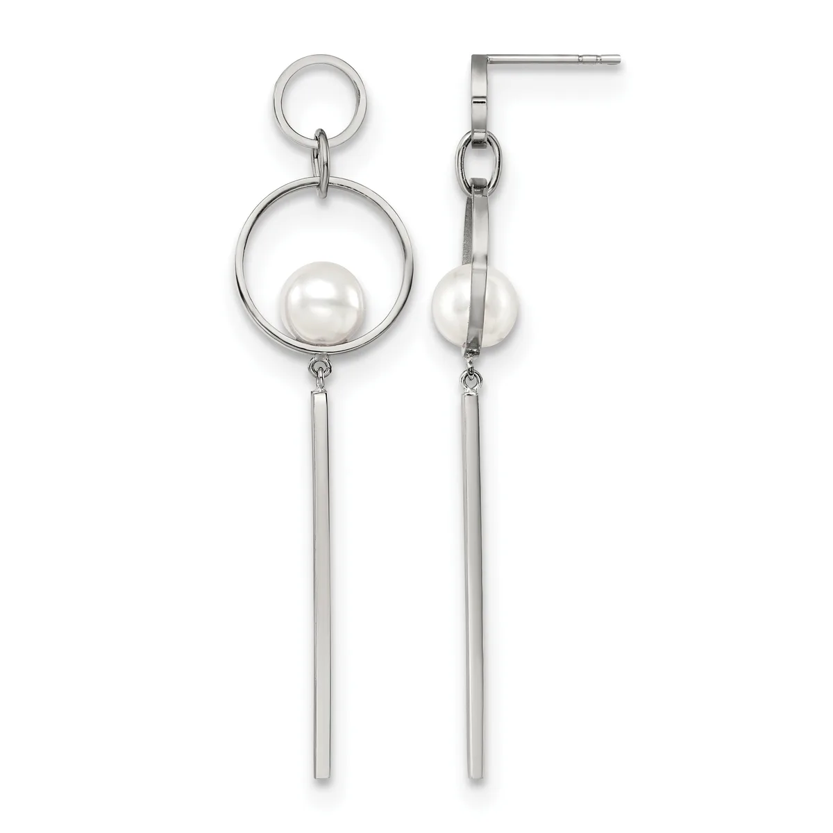 A pair of silver-tone dangle earrings with circular frames enclosing white pearl spheres and long rectangular bar drops below.