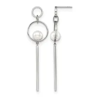 A pair of silver-tone dangle earrings with circular frames enclosing white pearl spheres and long rectangular bar drops below.