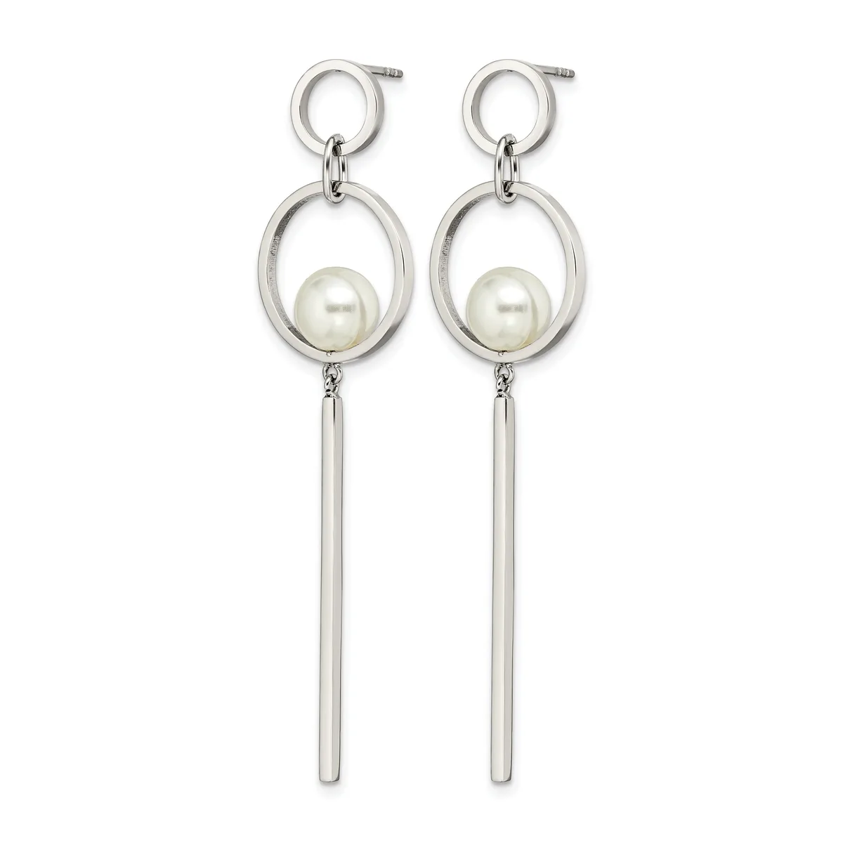 Pair of silver-toned dangle earrings with small circular posts, oval frames containing white pearl centers, and long rectangular bar drops.