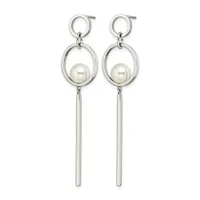 Pair of silver-toned dangle earrings with small circular posts, oval frames containing white pearl centers, and long rectangular bar drops.