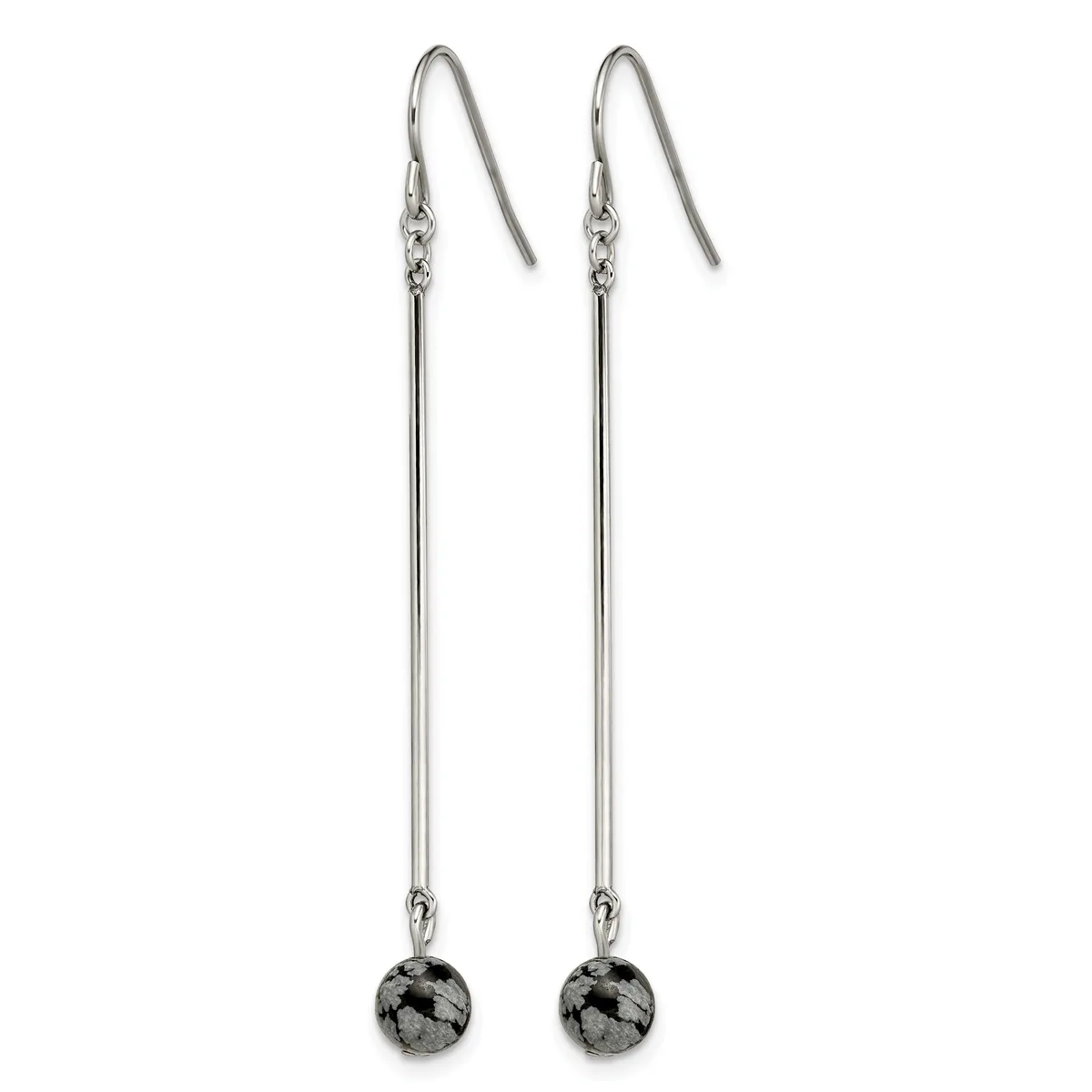A pair of long silver-toned dangle earrings with fish-hook wires at the top, decorative connectors, and black speckled round stone pendants at the bottom.