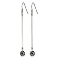 A pair of long silver-toned dangle earrings with fish-hook wires at the top, decorative connectors, and black speckled round stone pendants at the bottom.