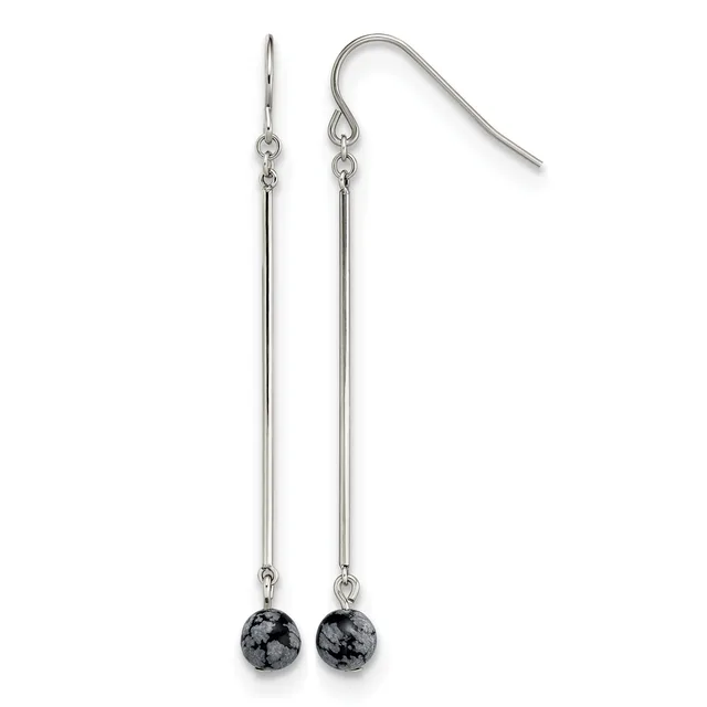 Pair of silver-tone dangle earrings with long thin bars suspended from curved ear wires, each terminating in a speckled gray and black sphere.