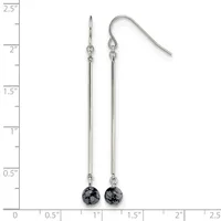 Pair of silver-toned dangle earrings with long thin bars topped by small black speckled round stone beads, displayed against a ruler showing approximately 2.5 inches in length.