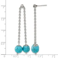 Pair of silver chain dangle earrings with turquoise round stone drops, displayed against a ruler showing approximately 1.5 inches in length.