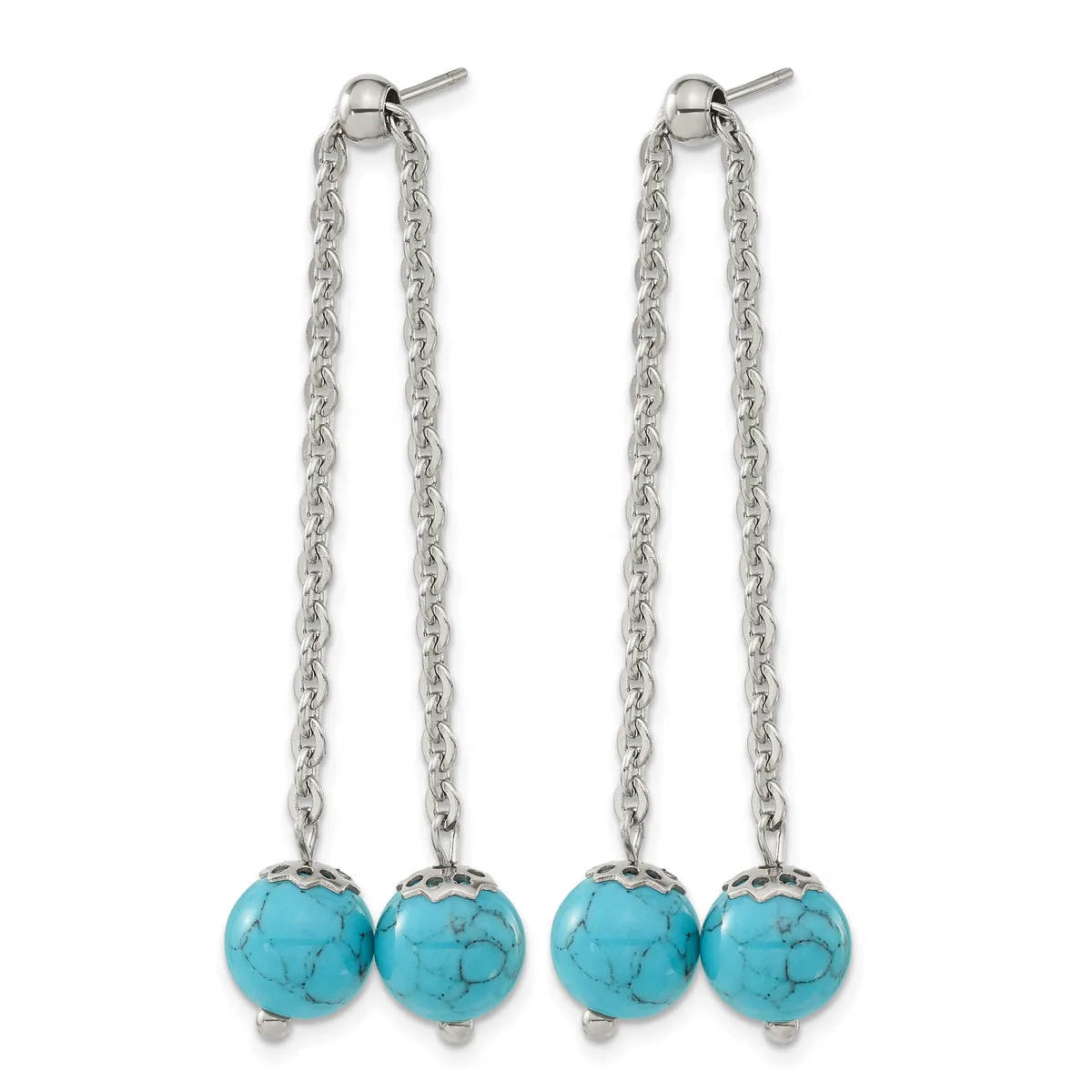 A pair of long dangling earrings with silver-toned chains and turquoise round stone drops, shown against a white background.