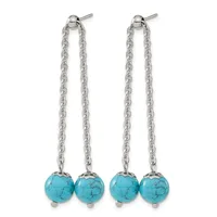 A pair of long dangling earrings with silver-toned chains and turquoise round stone drops, shown against a white background.