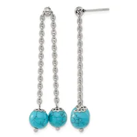 A pair of silver dangle earrings with chain drops topped by turquoise stone spheres, shown from front and side views.