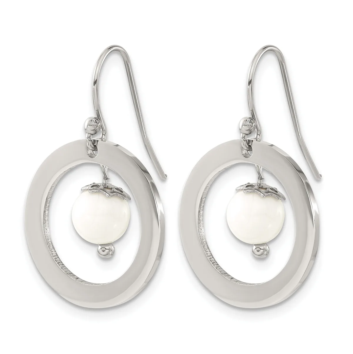 Pair of silver dangle earrings with concentric oval loops and a suspended white pearl or stone in the center of each earring.