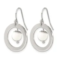 Pair of silver dangle earrings with concentric oval loops and a suspended white pearl or stone in the center of each earring.