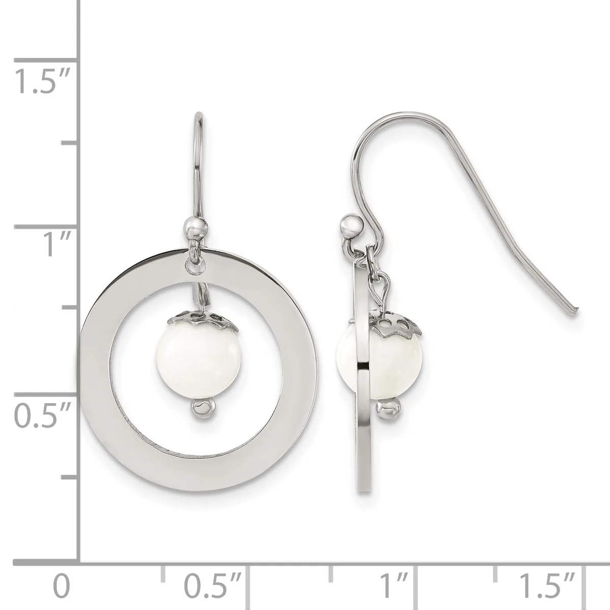 Two silver-toned dangle earrings with concentric circles and small spheres, displayed against a measurement scale showing approximately 1.5 inches in length.