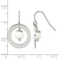Two silver-toned dangle earrings with concentric circles and small spheres, displayed against a measurement scale showing approximately 1.5 inches in length.